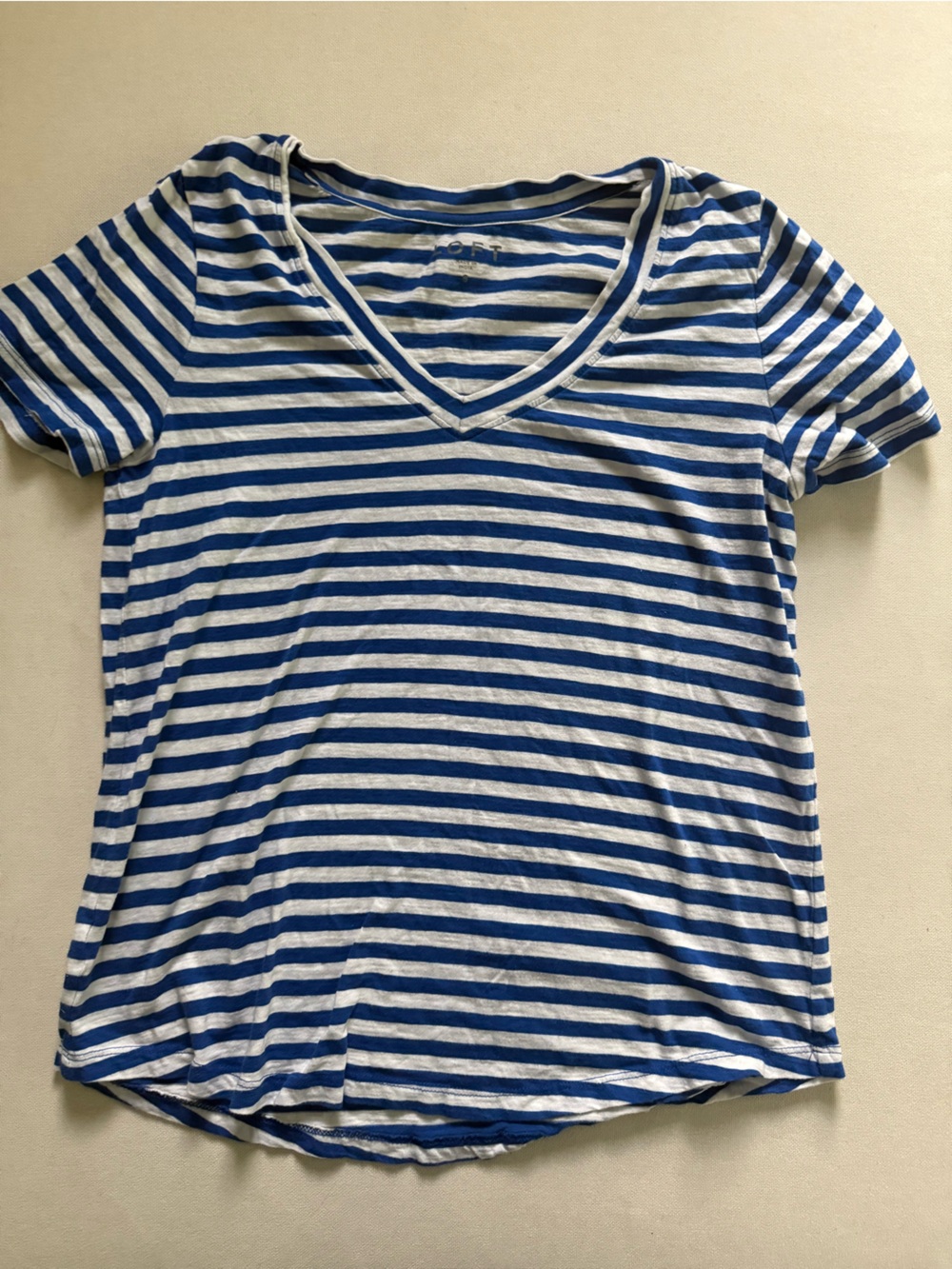 LOFT Blue and White Striped V-Neck T-Shirt